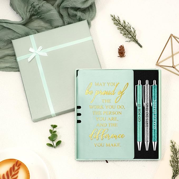 Resurhang 5 Pcs Employee Appreciation Gift Leather Journal Notebook 3 Ballpoint Pens with Box Thank You Gift for Nurse Volunteer Teacher Secretary Assistant Coworker Women(Green)