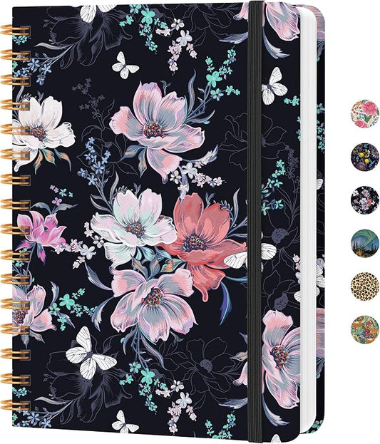 CICPAP Lined Spiral Journal Notebook, A5 College Ruled Notebook for Journaling, Note-Taking, and Daily Planning, Durable Hardcover with an Elegant Design, Black Floral
