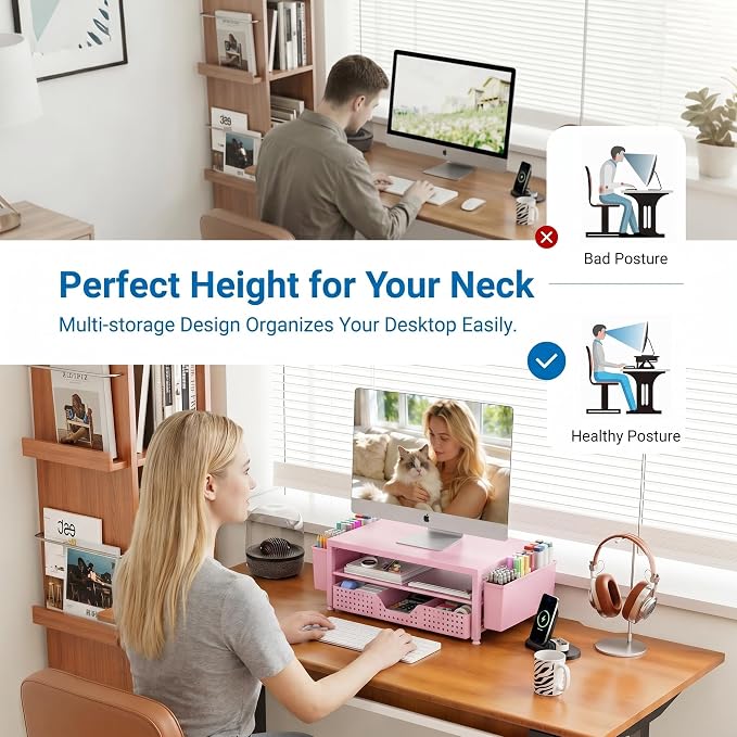 OPNICE Desk Organizers and Accessories, 2-Tier Computer Monitor Stand Riser with Drawer and 2 Pen Holders, Laptop Stand, Office Desk Accessories for Office Supplies, Pink