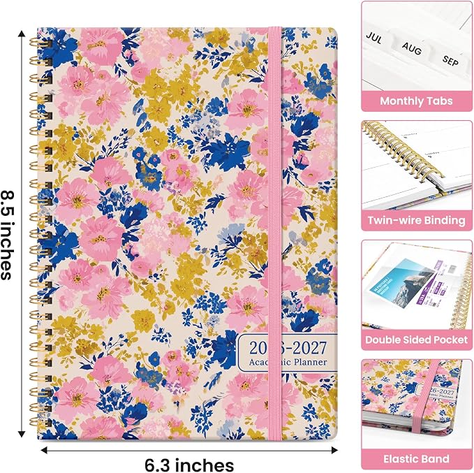 Planner 2026-2027, Academic Year Monthly and Weekly Calendar Planner, Jul 2026 - Jun 2027, Hardcover Teacher Student Planning Agenda book with Tabs, Perfect for School Office Supplies, 6.3" x 8.5" - Pink Garden