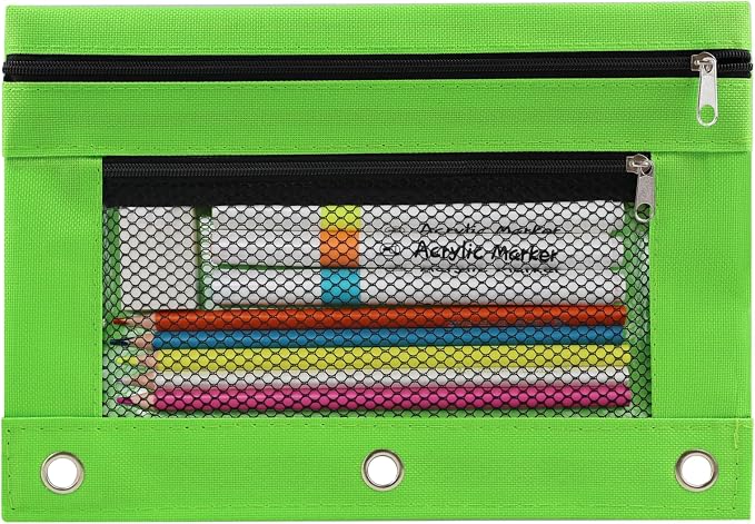 3 Ring Pencil Pouch for Binder, 2-Pocket Zipper Pencil Case with Clear Window & Mesh Pocket, 600D Oxford Fabric Binder Pouch for School Office Supplies, Fits Standard 3-Ring Binders, Green