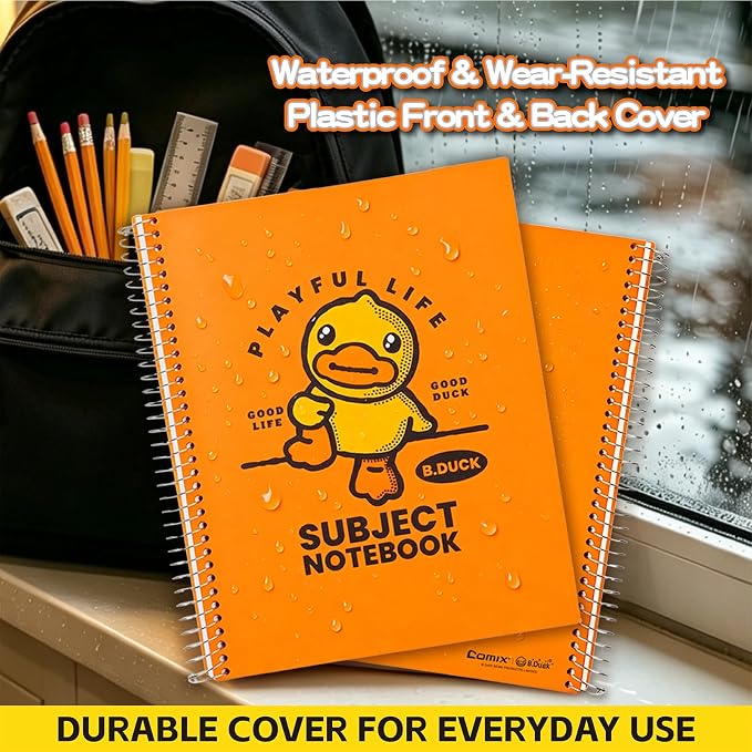 Comix Plastic Cover 5 Subject Notebook with 5 Divider, 200 Sheets 8-1/2" x 11" College Ruled Notebook for Office/School/Home, Orange