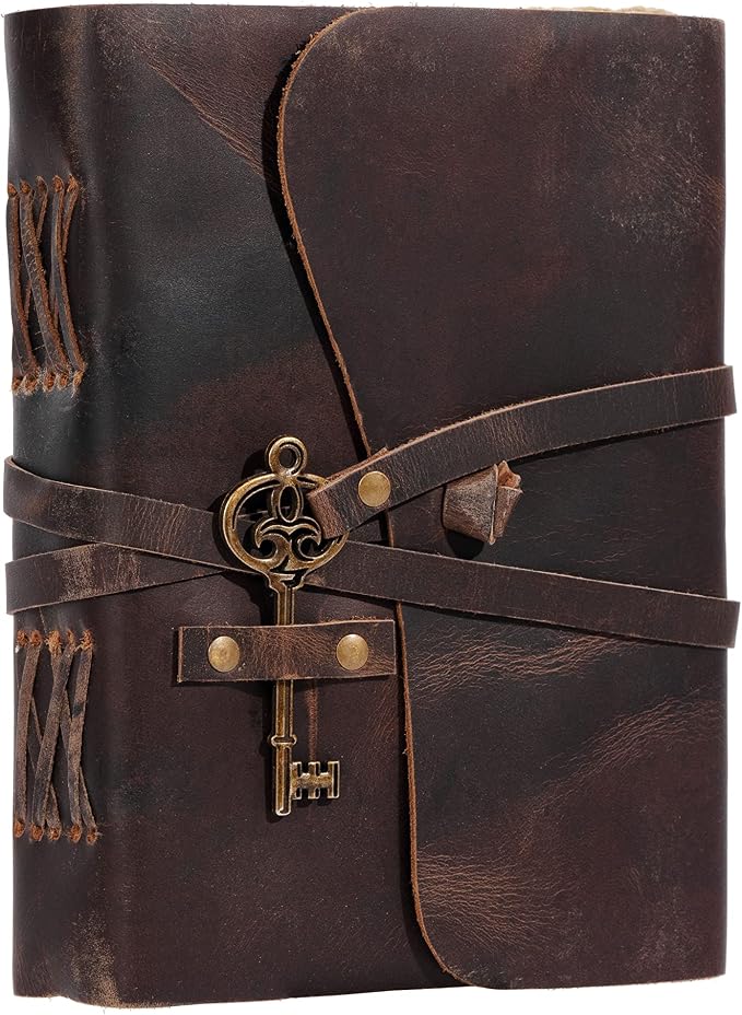 Leather Journal with Deckle Edge Paper 8x6 inch and Vintage Key | Handmade Writing Notebook Diary | Bound Daily Notepad for Men & Women Medium, Sketch/Writing pad for Artists