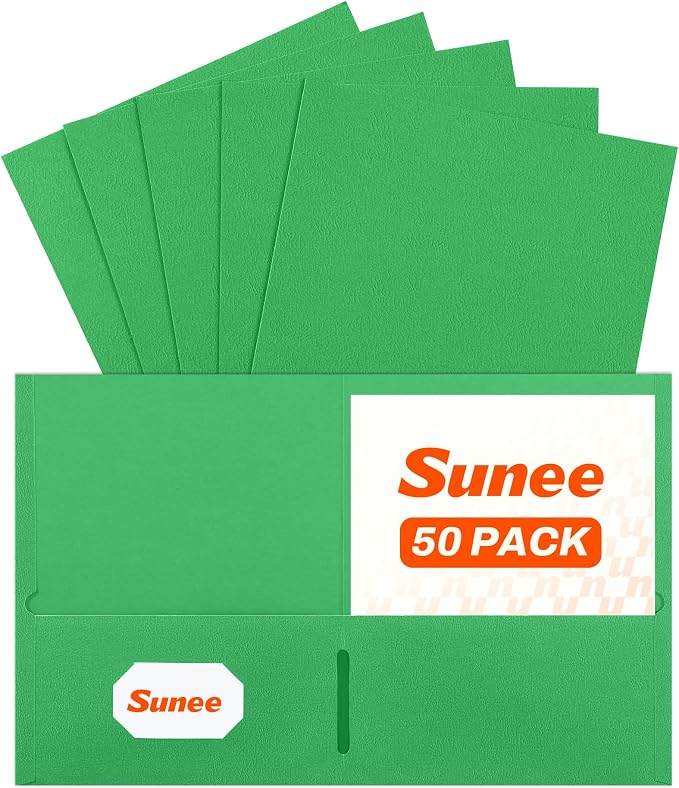 SUNEE Two Pocket Folders, 50 Pack File Folders with Business Card Slot, Textured Paper, Fit Letter Size Paper, Paper File Folder for School Office Home Business, Green