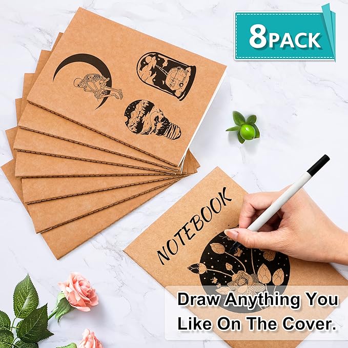 feela 8 Pack A5 Kraft Notebooks, 60 Lined Blank Pages Travel Journal Bulk, Soft Cover Notebooks for Women Girls Students, Making Plans Writing Memos Office School Supplies, 8.3 X 5.5 in