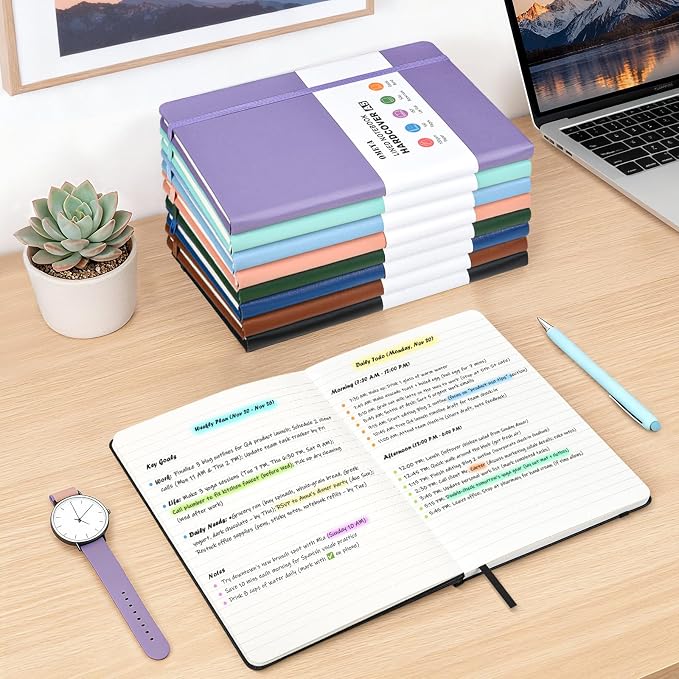 OMEYA Hardcover Journal Notebooks for Work: 8 Pack, A5 100gsm Lined Paper | Multicolor, 5.7" x 8.3", PU Leather Cover, Notebooks Bulk for Office, School, Meetings, Daily Plans and Personal Journaling