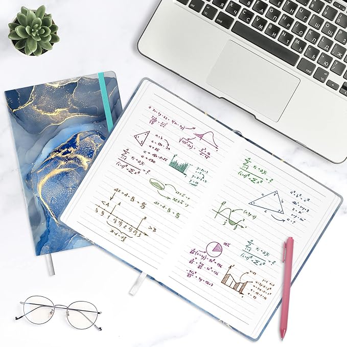 Lined Journal Notebook, Hardcover, Medium 5.7 x 8.4 in, 160 Pages Thick Paper, Cute Aesthetic A5 College Ruled Notebook for Journaling Writing Work Office School Women Men, Gray Blue Marble