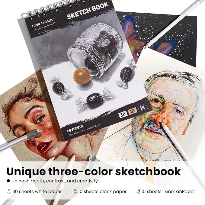 Four Candies Colored Pencils Set,120 Soft Colored Pencils for Coloring Books and Drawing,Blending,Shading. Non-Toxic Art Supplies with Portable Zipper Case & 3-Color Sketchbook for Artists, Beginners