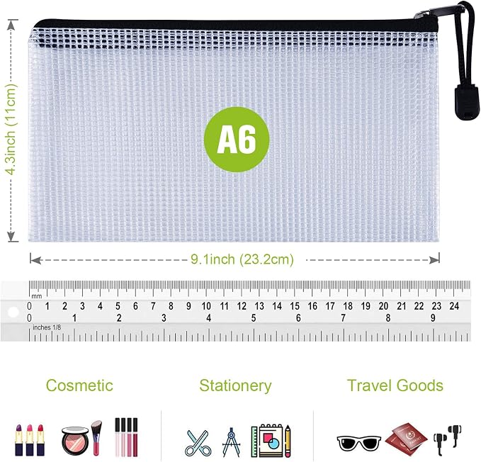 6PCS Mesh Zipper Pouch Bags: A6 Clear Zipper Pouches for Classroom, Black | 9.25×4.25 Inch Plastic Mesh Bag Document Pouch, Waterproof Organizing Pouch for for School Office Supplie, Travel Storage