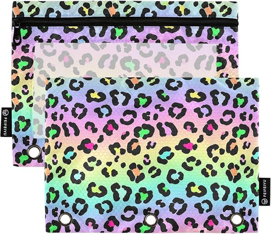 Gredecor Binder Pencil Pouch 3 Ring Neon Gradient Leopard Spots Zipper Pencil Pouches Case 2 Pack Clear Binder Organizer for School Office