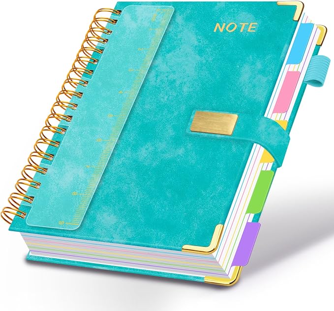 Hardcover Spiral Notebook 8''x 10'' College Ruled Notebook with Magnetic Closure, 300 Pages 5 Subject Notebooks with Pocket Dividers for Work School, B5 Leather Journal for Women, Men (Cyan)