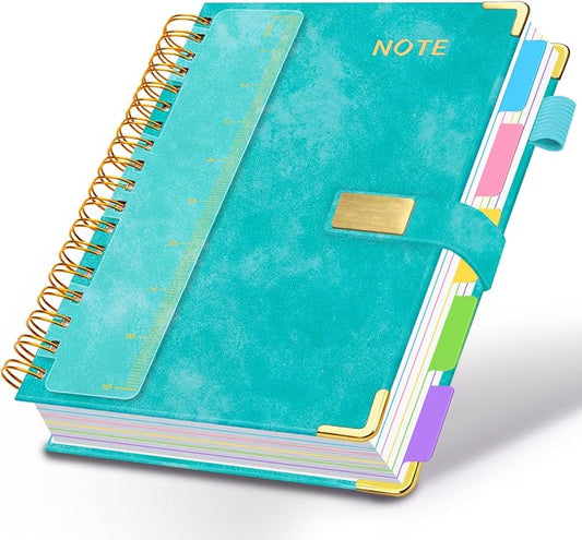 Hardcover Spiral Notebook 8''x 10'' College Ruled Notebook with Magnetic Closure, 300 Pages 5 Subject Notebooks with Pocket Dividers for Work School, B5 Leather Journal for Women, Men (Cyan)