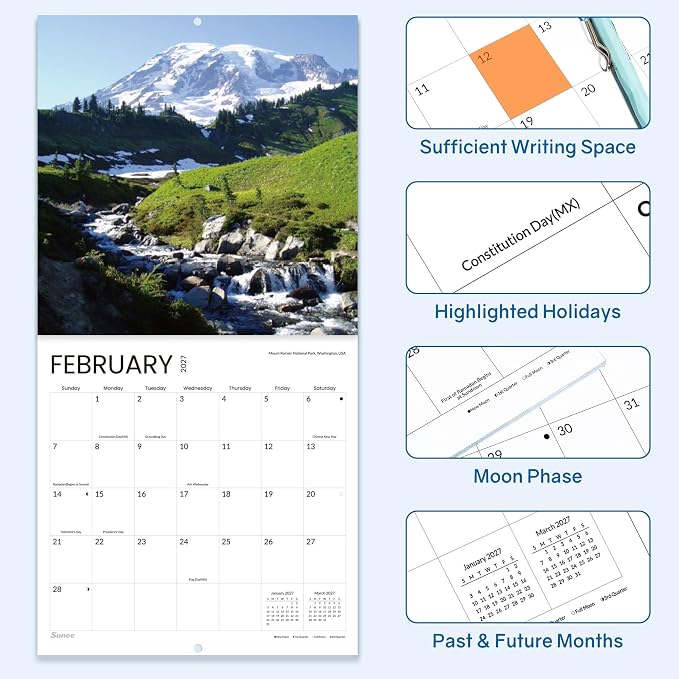 SUNEE Calendar 2026-2027 for Wall, 2027 Large Wall calendar 12x12 Inches with 16 Months from September 2026 to December 2027, Thick Glossy Paper, 12" x 24" (Open), World National Parks