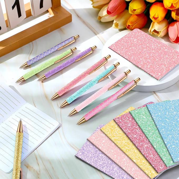 Sayglossy 16 Pack Glitter Pens and Notepads Set 8 Mini Glitter Pocket Notebooks 8 Fancy Sparkly Ballpoint Pens Stationery Gifts for Women Teacher Journaling School Office Supplies (Pastel Color)