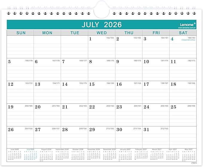 Wall Calendar 2026-2027, 8.5" x 11", Jul 2026 to December 2026, 18 Months with Twin-Wire Bound, Writing Blocks
