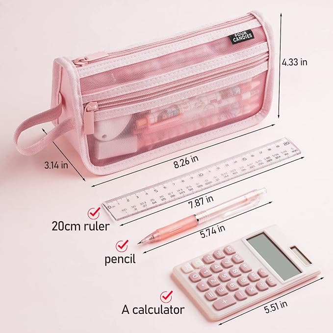 Four Candies Grid Mesh Pencil Case with Handle and Zipper, Clear Double-layer Pencil Pouch Marker Pouch, Travel Makeup Bag, Cute Transparent Stationary Organizer Pen Bag for Adult Office College