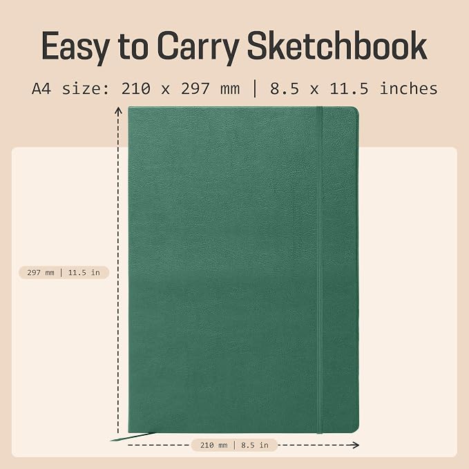 BROWNSTONE JOURNALS A4 Sketch Book Hardcover - 80 Sheets 100 GSM Paper 8.5"x11.5", Lay Flat, Vegan Leather Cover, Elastic Band, Back Pocket, Art Drawing Book (Dartmouth Green)