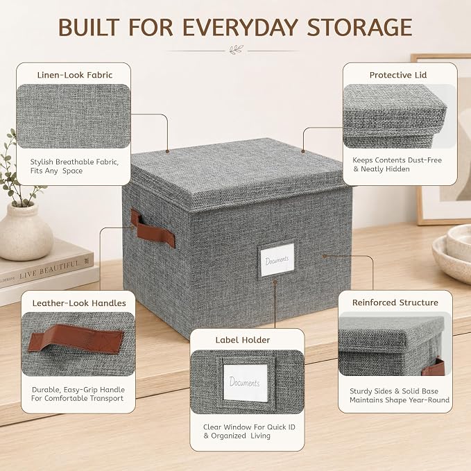 2-Pack Collapsible Letter Storage Bins with Lid, Grey | Office files & board games | Faux leather handles & label window | Dust-proof | Includes labels & glue dots