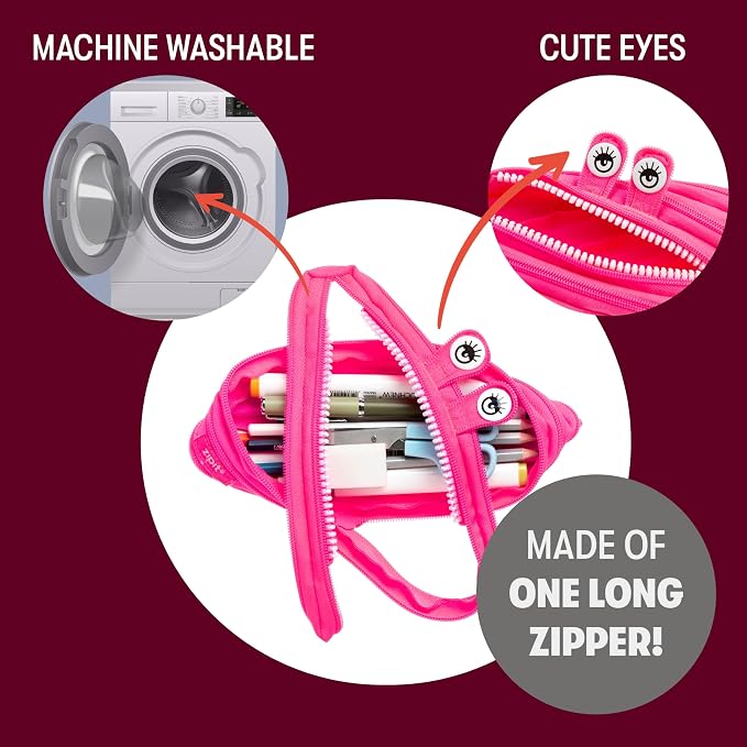 ZIPIT Monster Pencil Case for Girls, Cute Zipper Pouch for Kids Teens, Stationery Bag for School ,Pink