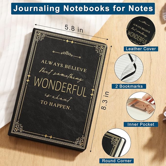 Black A5 Lined Leather Journal Notebook, Christian Notebook for Men Women, Hardbound Writing Journal, Prayer Journal, Bible Journaling Notebook, 200 Pages Daily Diary for School,Family,Friends,Work