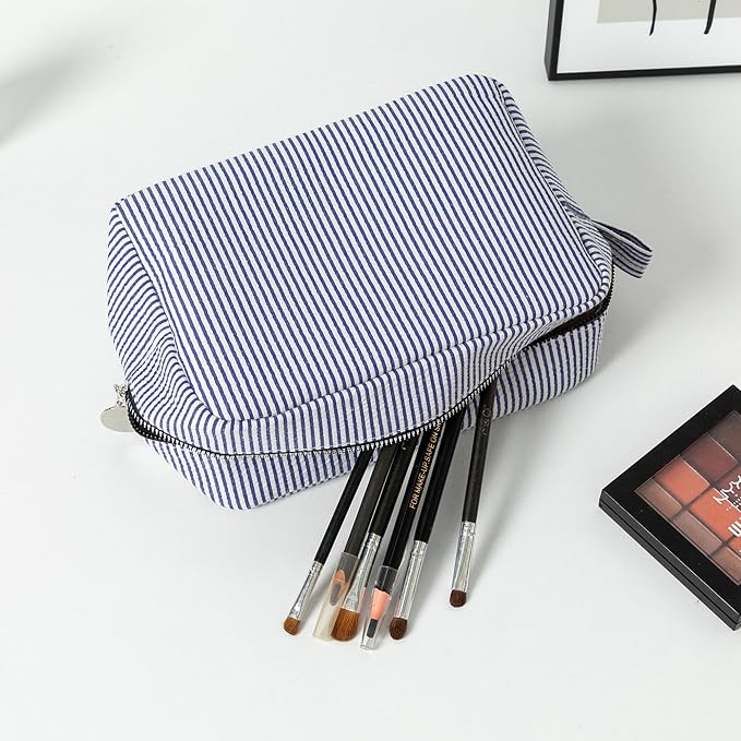 Large Capacity Striped Pencil Case Cosmetic Bag with Zipper Portable Stationery Organizer Pouch for School Students Teens Travel Toiletry Bag (Navy Blue)