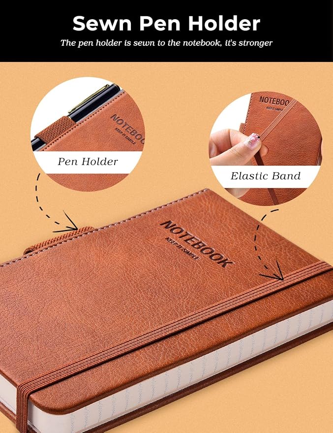AISBUGUR Pocket Notebook Small Notebook 2-Pack, 3.7" x 5.7" Pocket Notebooks Hardcover with Thick Lined Paper, Inner Pockets, Cover Letter Embossing Design Mini Journal Notepad Brown Leather