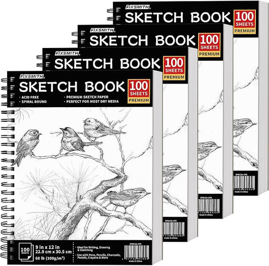 FIXSMITH 9"X12" Sketch Book | 400 Sheets (68 lb/100gsm) Sketchbook| 4 Pack (100 Sheets Each) |Acid Free Drawing Paper | Spiral Bound Sketchpad for Beginners,Artists & Professionals | Bright White