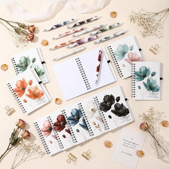 Resurhang 30 Sets Difference Maker Employee Appreciation Gift Bulk Inspirational A6 Spiral Notebook Journal Ballpoint Pens for Teacher Volunteer Coworker Team Back to School (Floral Colors)