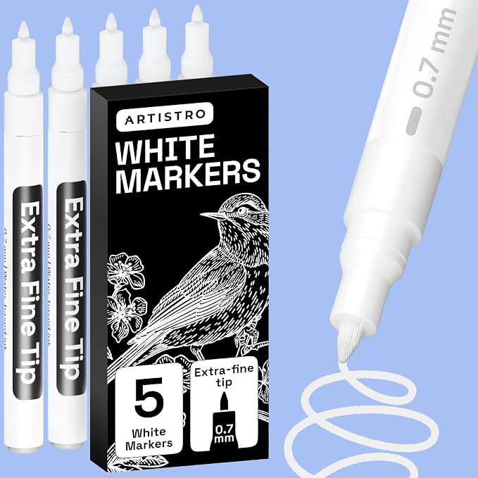 ARTISTRO White Paint Pens - Extra-Fine Tips - Set of 5 | Acrylic Paint Markers, Water-Based, For Rock, Glass, Ceramic, Wood, Tire, Fabric, Metal, Canvas, Marking, Painting