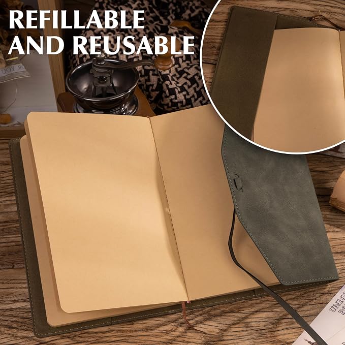 MINICAGIE Vintage Journal for Women Men Leather Bound Journaling Notebook Diary 160 Pages Book of Shadows Journal Soft Cover Journals for Writing Travel Gifts, 5.9x 8.6 in, Green