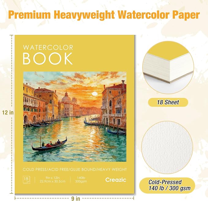 Watercolor Paper Pad, 9"x12" Water Color Paper, 140lb/300gsm, 18 Sheets - Artist Grade for Watercolor, Painting & Mixed Media - Watercolor Sketchbook Journal & Drawing Pad for Adults & Kids, Yellow