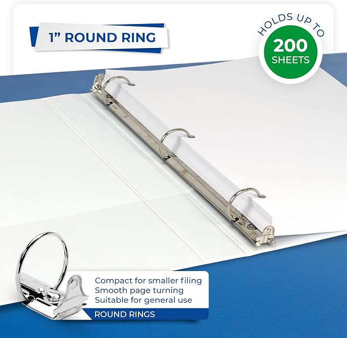 Samsill 1 Inch 3 Ring Binders, Economy Round Ring, Clear View Cover, 200 Sheet Capacity - for School, Home, Office - White, 6 Pack