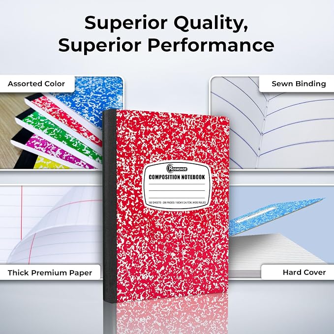 Rosmonde 5 Pack Composition Notebook Wide Ruled, 200 Pages (100 Sheets), 9-3/4x7-1/2, Notebooks for Work, Back to School Supplies, Hard Cover Composition Books, Notebooks for Women, Colors May Repeat