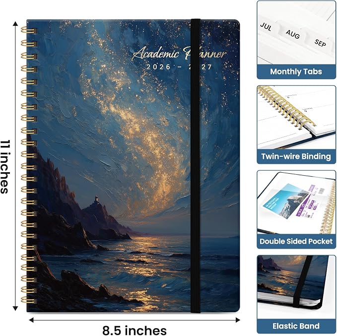 Planner 2026-2027, Academic Year Monthly and Weekly Calendar Planner, Jul 2026 - Jun 2027, Hardcover Teacher Student Planning Agenda book with Tabs, Perfect for School Office Supplies, 8.5" x 11" - Golden Tide