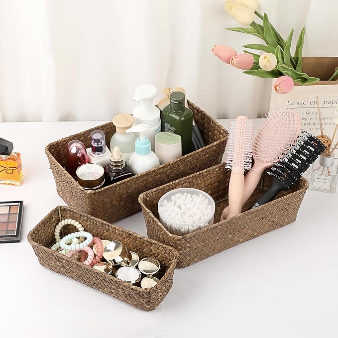 3 Natural Wicker Basket Set Rectangular Handwoven Seagrass Basket Storage Bins Home Organizer Bins - Household Basket Box for Shelf Wardrobe Desktop Home Decor (Coffee)