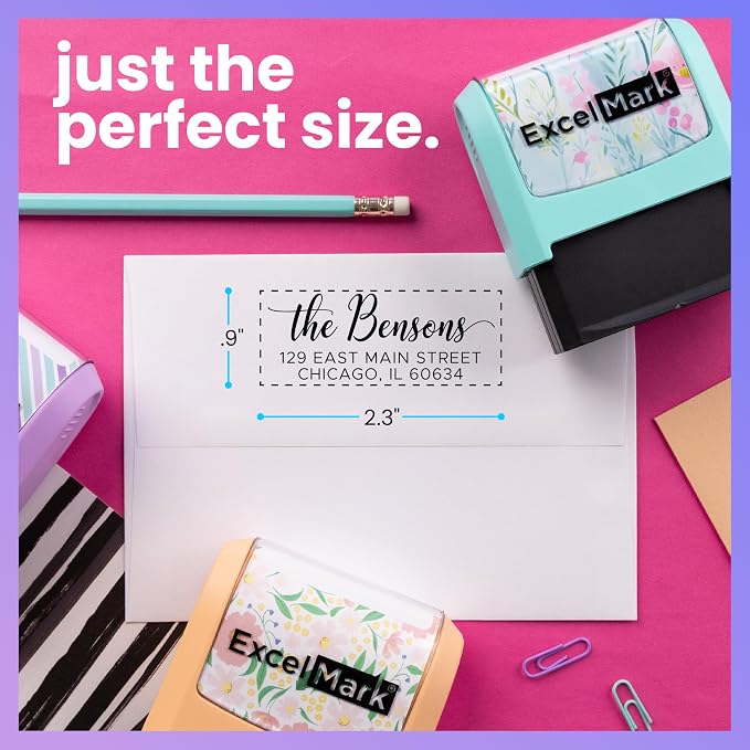 ExcelMark Address Stamp - Custom Return Address Stamp with Elegant Designs, Vibrant Colors & Patterns – Perfect for Mail, Invitations & Gifts (Seafoam, Signature Script)