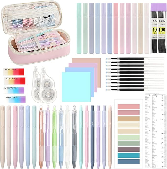 MoKo Pencil Case with Supplies, 56Pcs Aesthetic School Set, Pink | Includes 12 gel pens, 12 highlighters, 6 mechanical pencils, refills, sticky notes, index tabs, rulers and correction tapes.