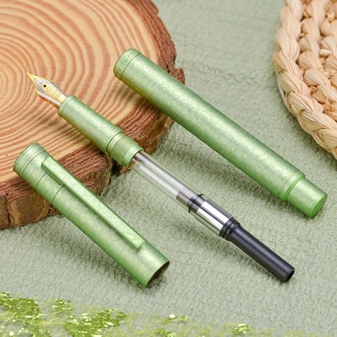 Hongdian 1851 Forest Fountain Pen Applegreen Ice Flowers, Fine Nib Classic Design with Converter and Metal Pen Case