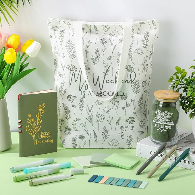 Havawish 14 Pcs Book Lovers Gift for Women 16 oz Glass Cup Tote Bag A6 Journal Notebook Pens Highlighters Sticky Notes Back to School Teacher Librarian Bookish Book Club(Light Green,Aesthetic)