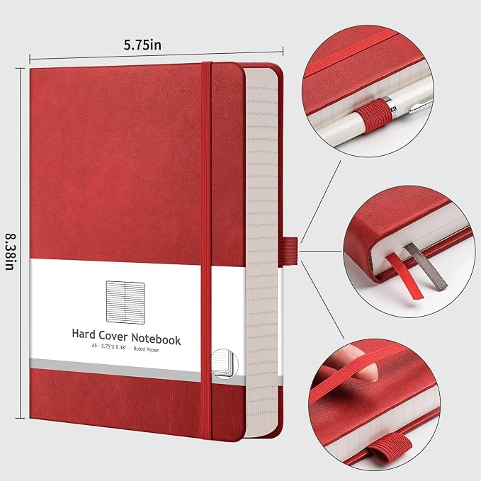 AHGXG Lined Journal Notebook, 320 Numbered Pages, A5 (5.75'' X 8.38'') | Thick Lined Notebook for Note Taking, 100GSM Paper, Leather Hardcover, for Women Men (Red)