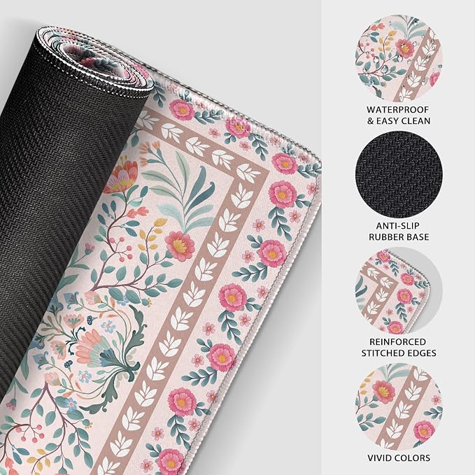 Pink Floral Desk Mat 31.5"x15.7" | Extra Large Mouse Pad, Non-Slip Rubber Base, Waterproof Desk Blotter, Stitched Edges, Smooth Computer Mat Office