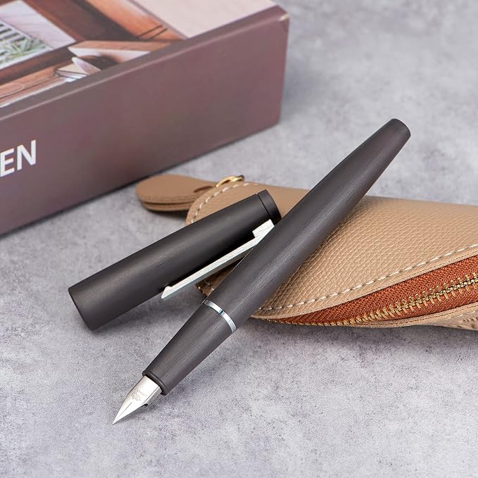 Jinhao 80 Gray Fiber Brushed Fountain Pen, Iridium Extra Fine Nib with Ink Converter, Classic Design Smooth Writing Pen (Silver Clip)