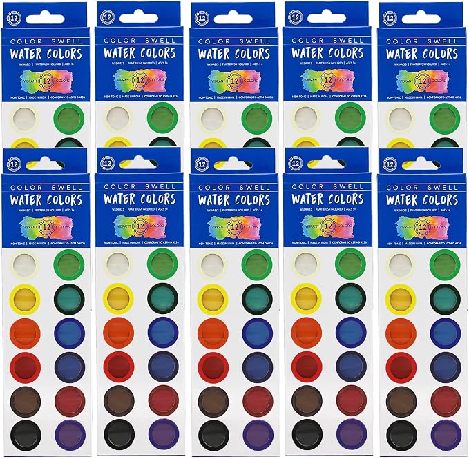 Color Swell Bulk Dry Watercolors Paint Pack and Brushes, 12 Colors, 10 Pack