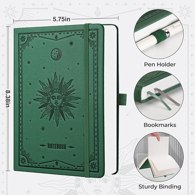 EMSHOI Blank Journal Notebook, 320 Pages, A5 Size (5.7'' x 8.3'') | Leather Hardcover, 100 GSM Thick Paper, Unlined, Plain, for Sketching, Drawing, Painting, Sun Debossed (Dark Green)