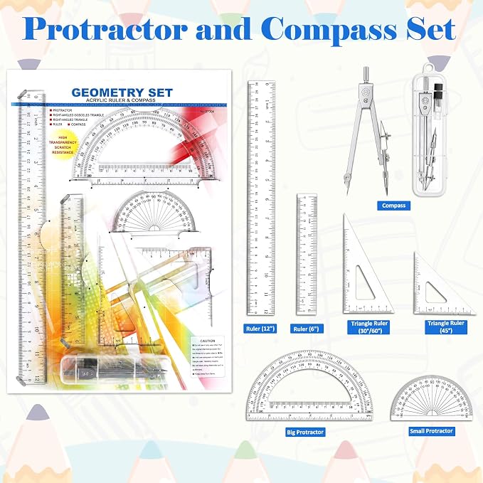 Coopay 7 Pcs Geometry Kit with Ruler, Triangle Ruler, Protractor and Compass Set | 12'' & 6'' Straight Rulers, 45°/60°Triangle Ruler, 6" & 4" Protractors, Compass, Geometry, Drafting, Math, School, Office