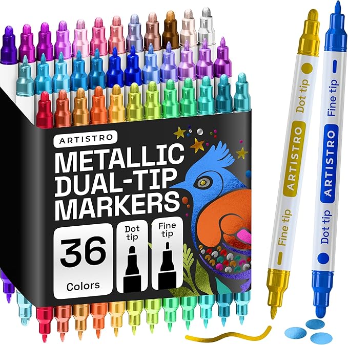 ARTISTRO 36 Metallic Dual-Tip Acrylic Paint Markers – Paint Pens Set with Dot & Fine Tips for Fabric, Rock, Glass, Wood, Coloring Books – Arts & Crafts Gift – Classroom Must Haves & School Supplies