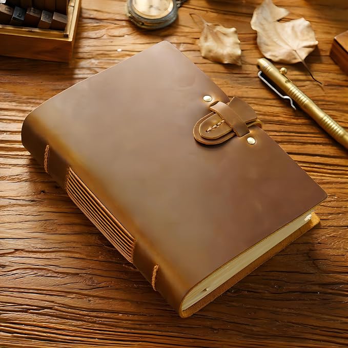Acidea Leather Vintage Journal, 7.5"x5.5" Hardcover Executive Notebooks, 200 Sheets(400Pages) Blank Kraft Paper Sketchbook, Genuine Leather Handmade Travel Writing Journal Dairy, Gift for Men, Women