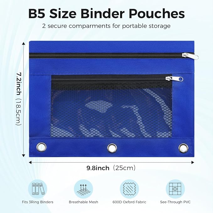 Pencil Pouch for 3 Ring Binder, Pencil Case Bag with Zipper, 600D Fabric Pencil Pouch Holder Accessories, Clear Window Pencil Case Aesthetic Back to School Organizer Pockets for Boy Girl (Blue)