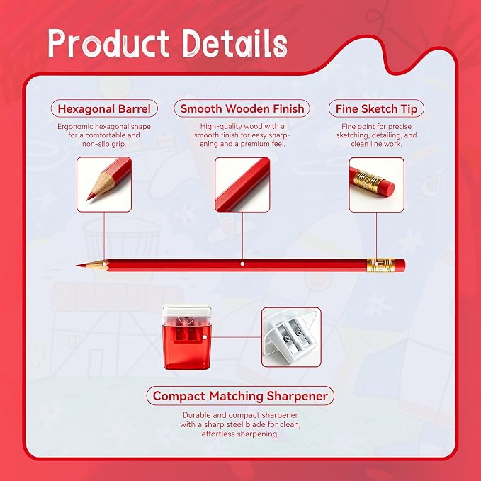 12 Pcs Red Pencils with Eraser for Kids HB Erasable Pencils Pre-Sharpened Professional Wooden Pencils Set, Ideal for School Writing, Drawing, Sketching, Coloring and Creative Projects(Red)