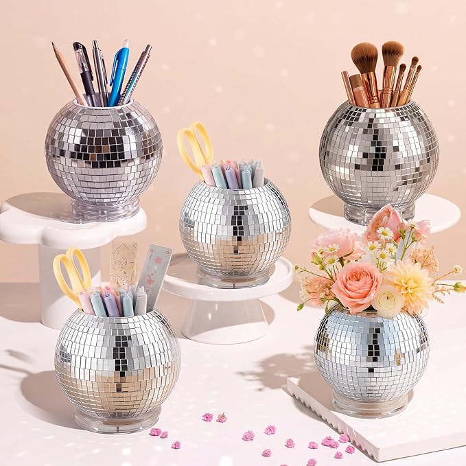 Disco Ball Pencil Holder for Desk 360 Degree Rotating Pen Makeup Brush Organizer with Silver Sequins 4.5 Inch Disco Back to School Desk Accessories for Office Classroom Bedroom Decor